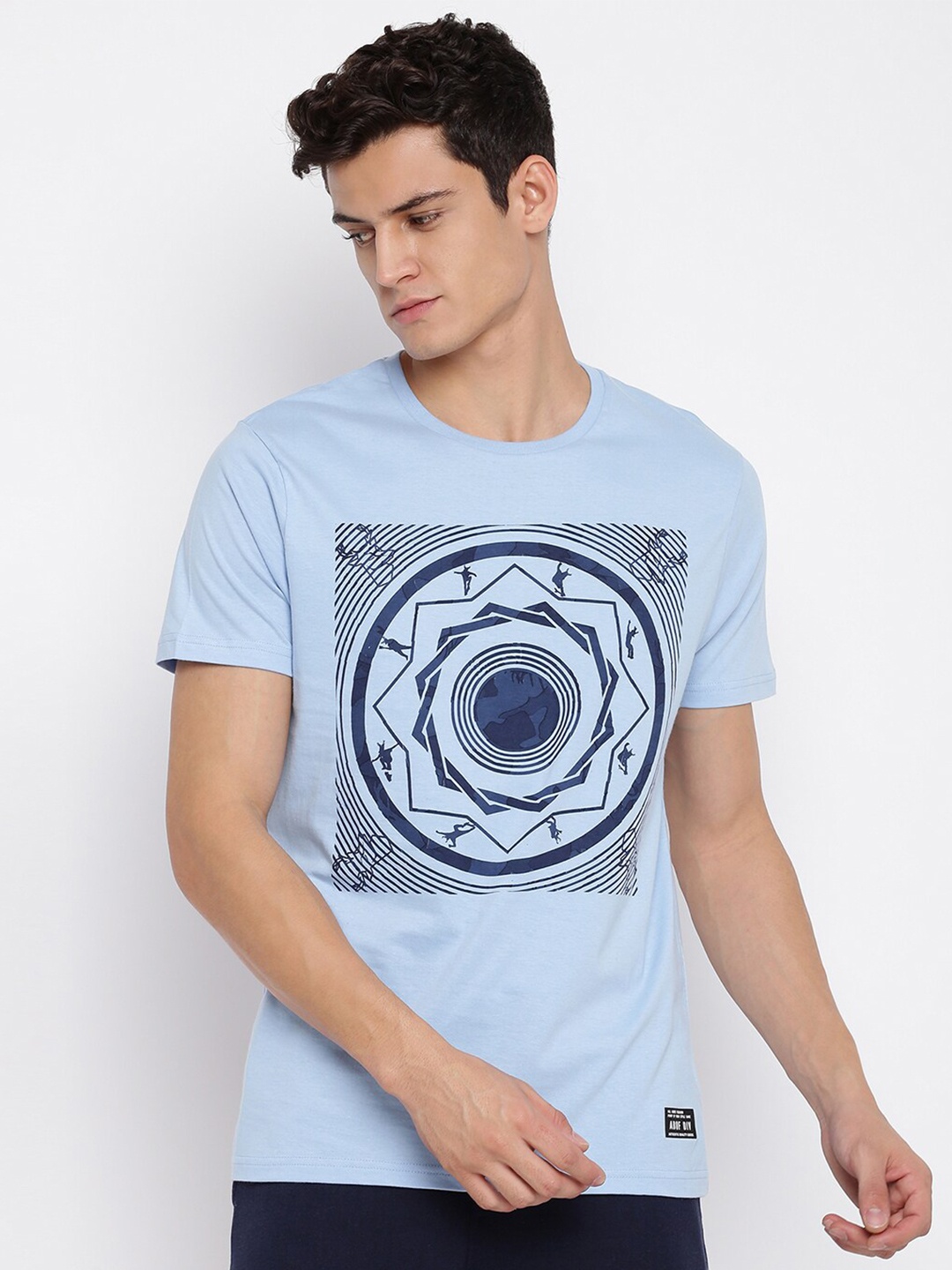 

abof Men Blue Printed Round Neck Short Sleeves T-shirt