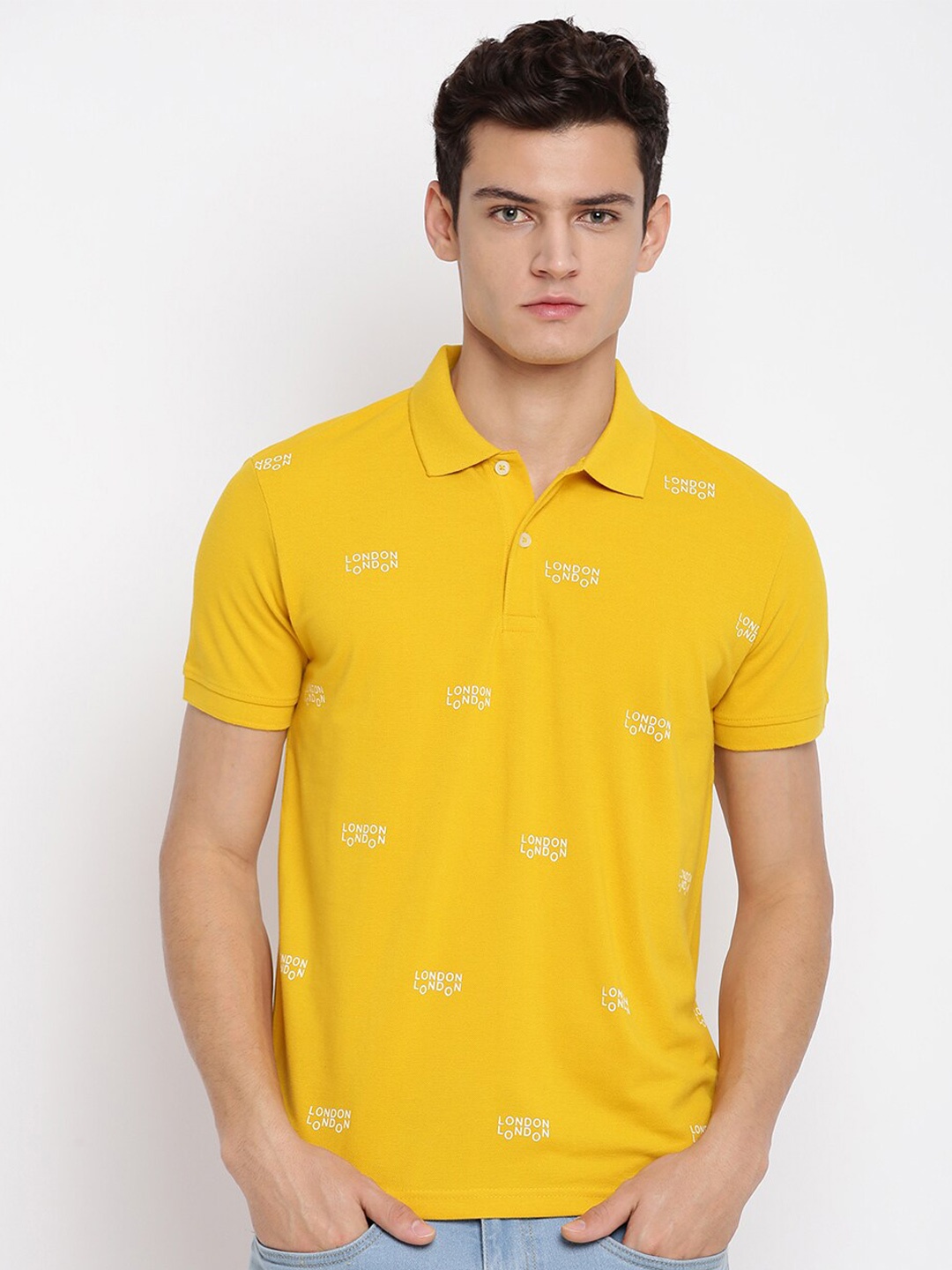 

abof Men Yellow Polo Collar Short Sleeves T-shirt