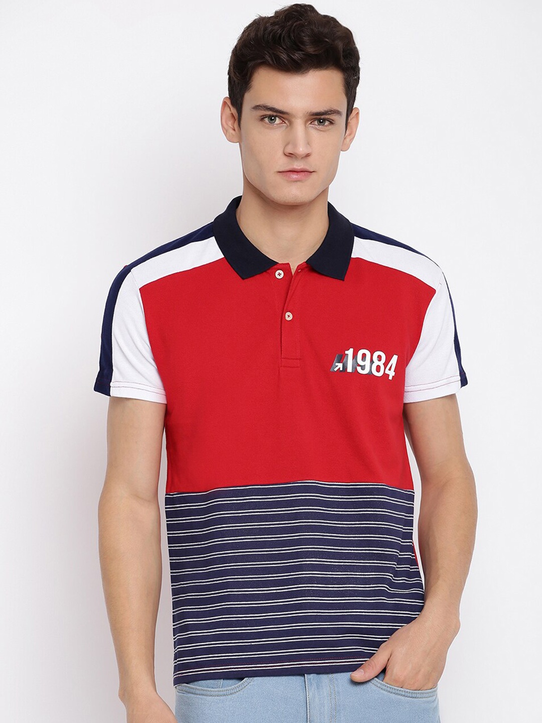 

abof Men Red Colourblocked Polo Collar Short Sleeves T-shirt
