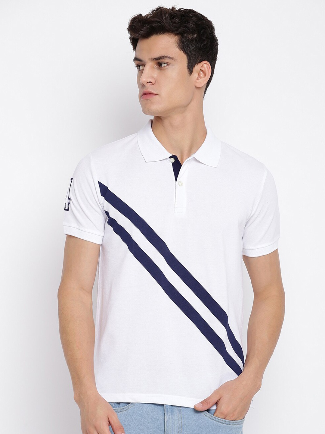 

abof Men White Striped Polo Collar Short Sleeves T-shirt