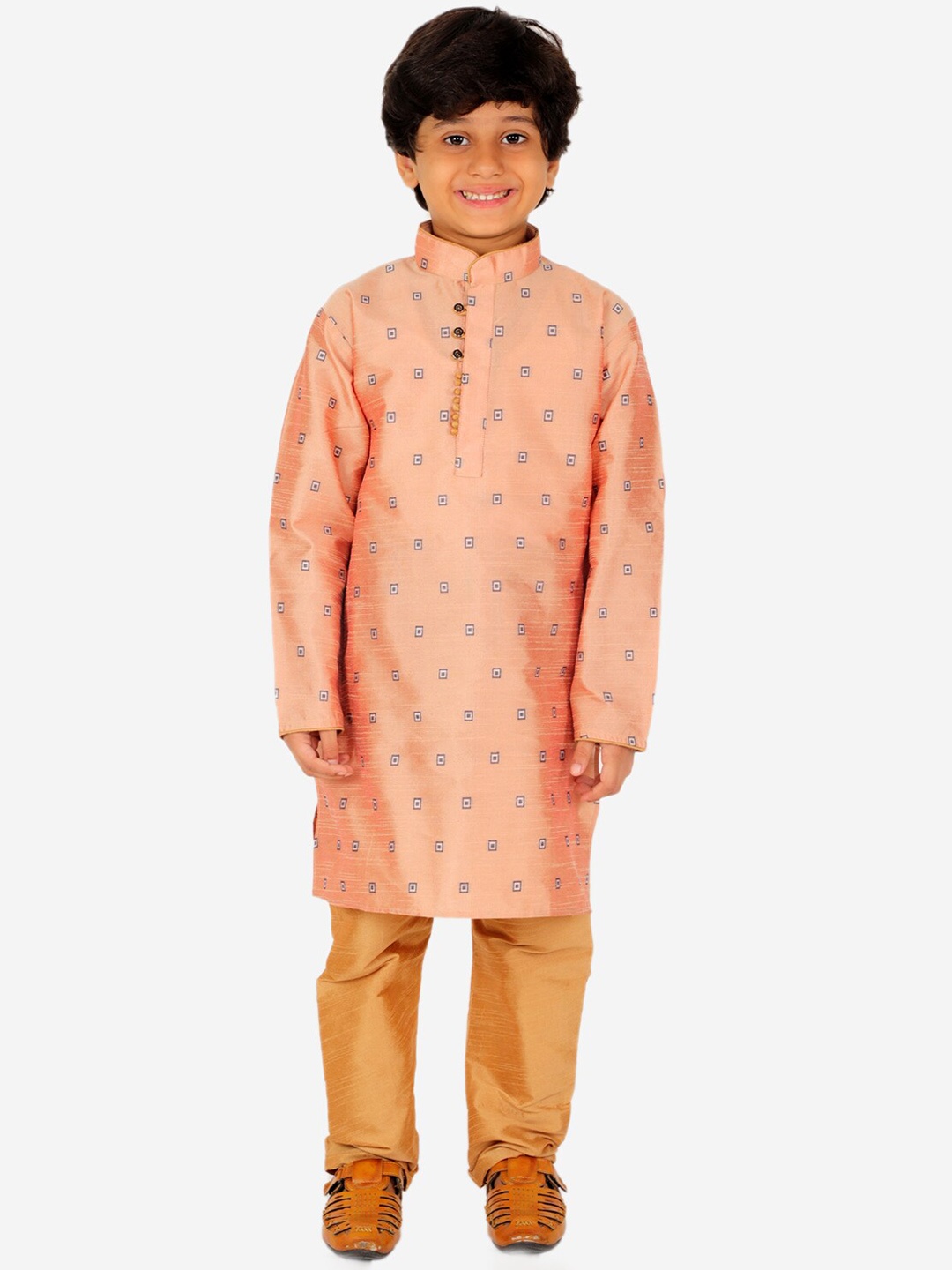 

Pro-Ethic STYLE DEVELOPER Boys Peach-Coloured Floral Striped Pure Silk Kurta with Pyjamas