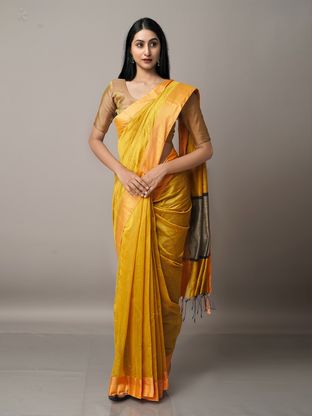 

Unnati Silks Yellow & Brown Striped Zari Silk Cotton Chanderi Saree