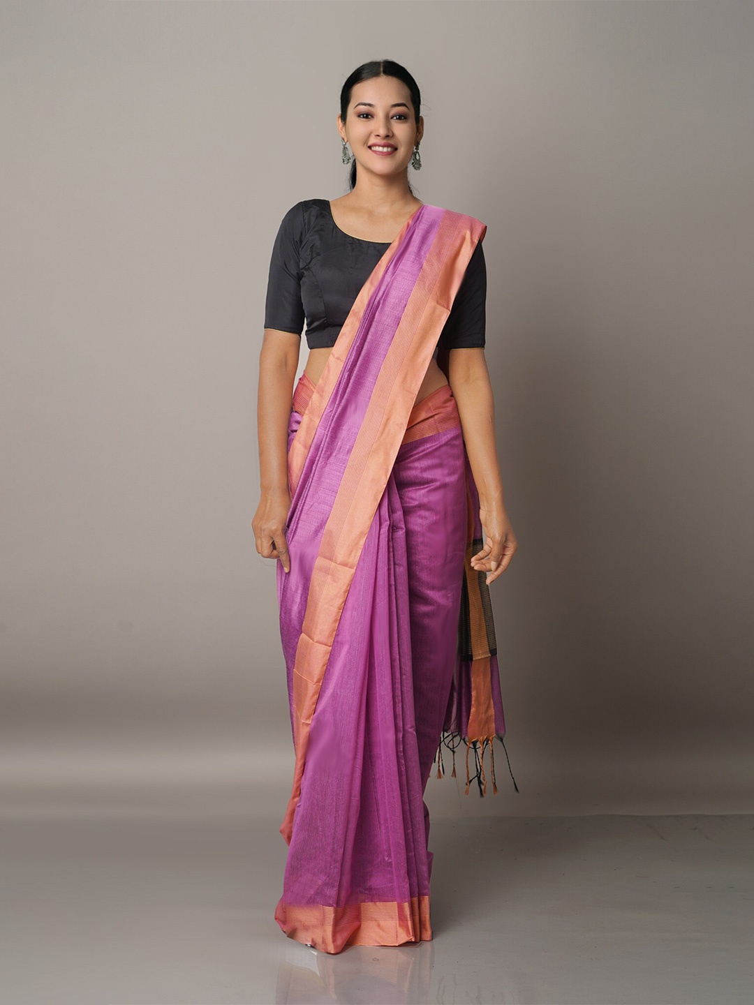 

Unnati Silks Purple & Peach-Coloured Zari Silk Cotton Chanderi Saree