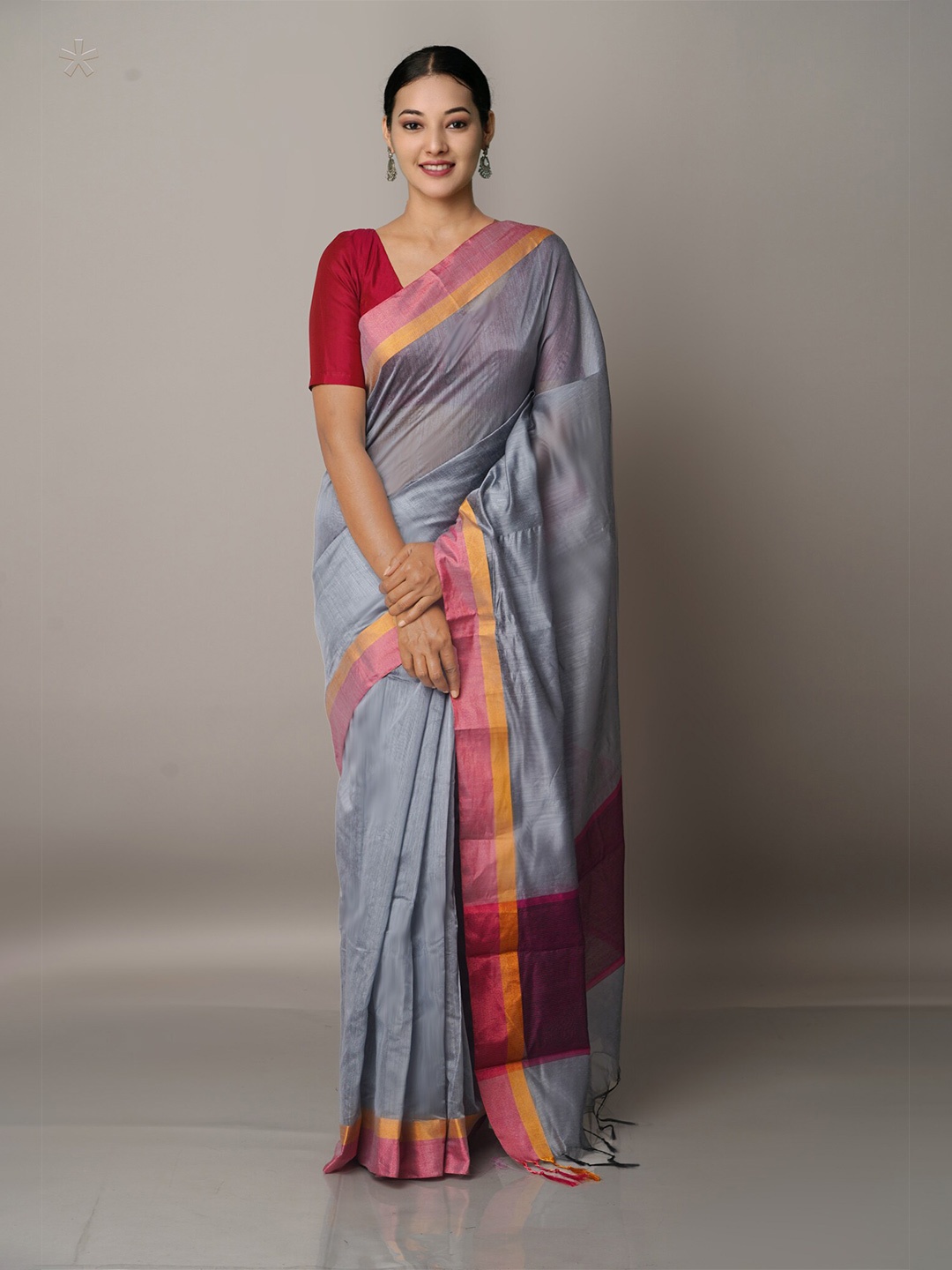 

Unnati Silks Grey & Purple Zari Chanderi Saree