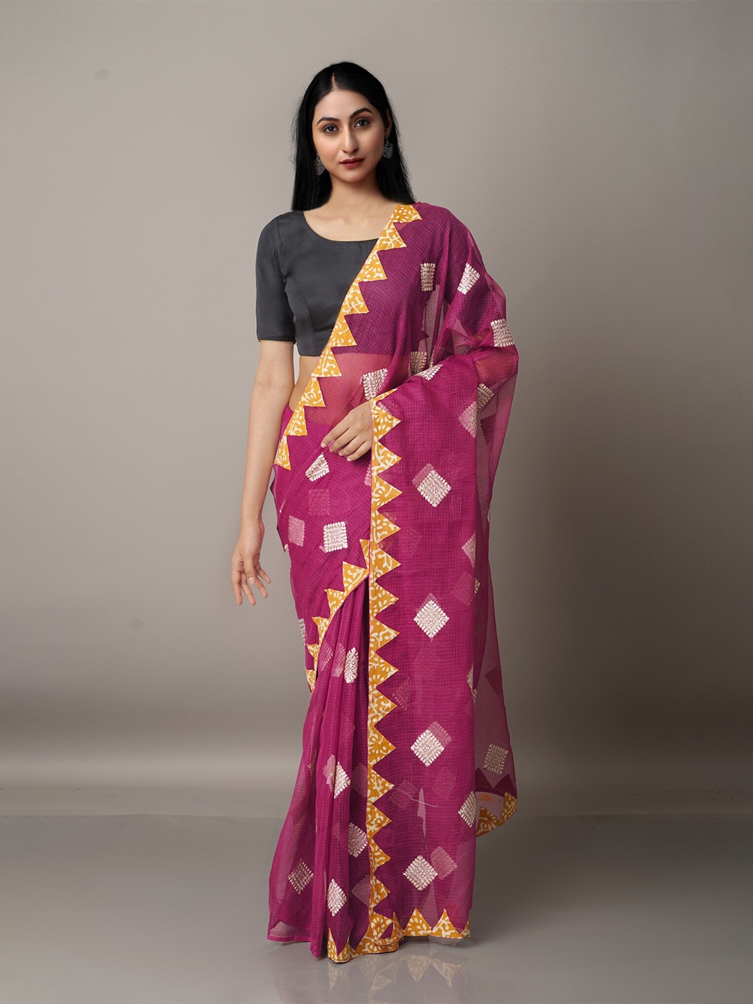 

Unnati Silks Purple & Silver-Toned Ethnic Motifs Patchwork Supernet Patola Saree