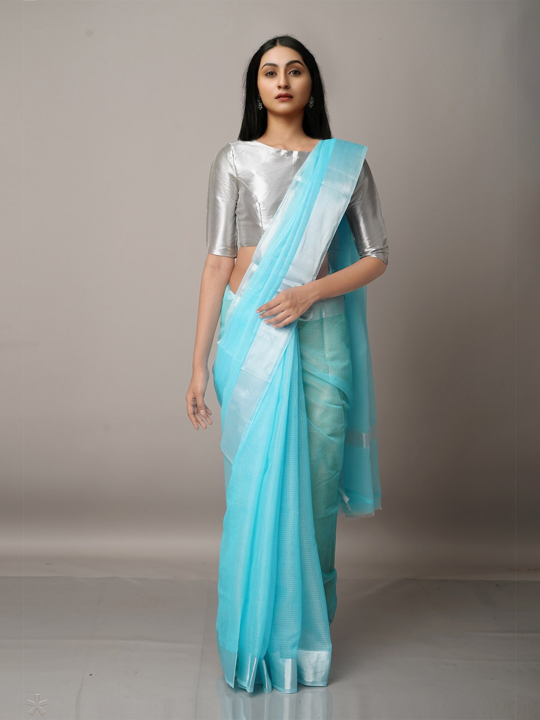 

Unnati Silks Blue & Silver-Toned Woven Design Zari Pure Cotton Kota Saree