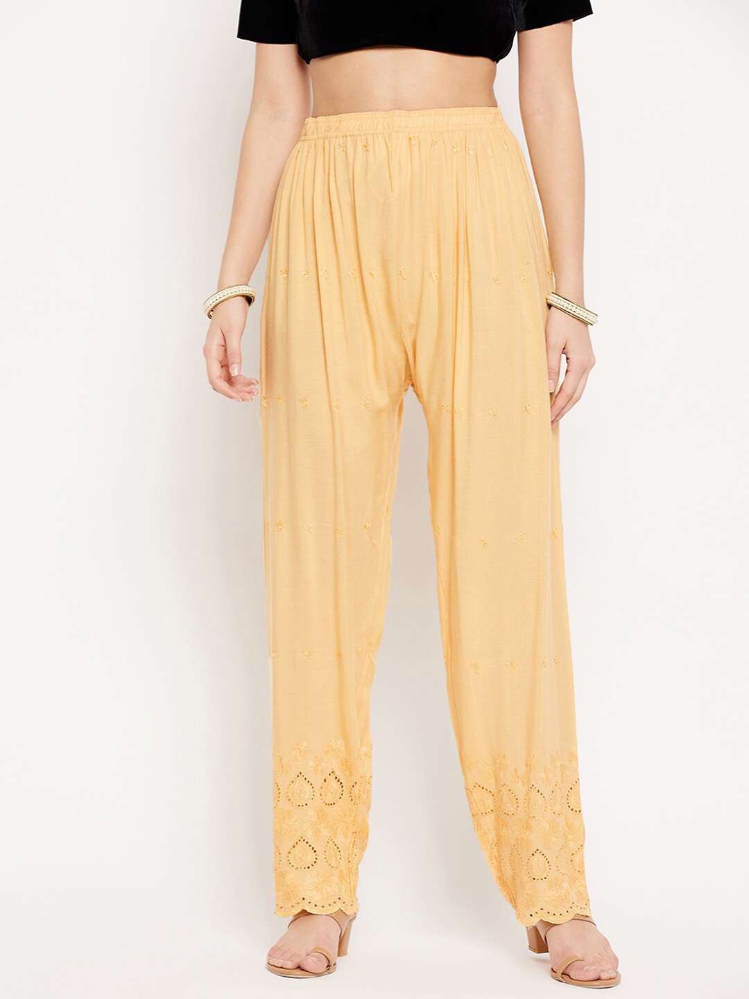 Clora Creation Women Beige Floral Embroidered Palazzos