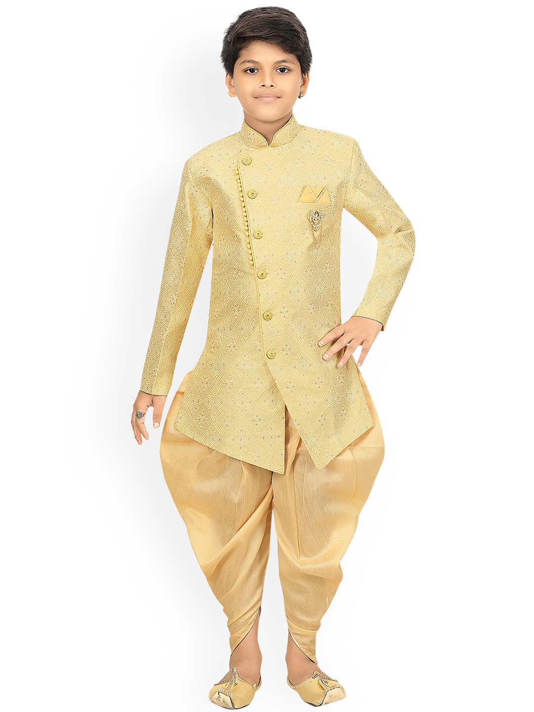 

ahhaaaa Boys Golden Ethnic Sherwani With Dhoti Pants, Gold