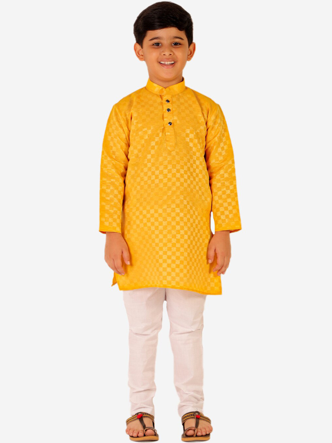

Pro-Ethic STYLE DEVELOPER Boys Mustard Yellow & White Pure Cotton Kurta with Churidar