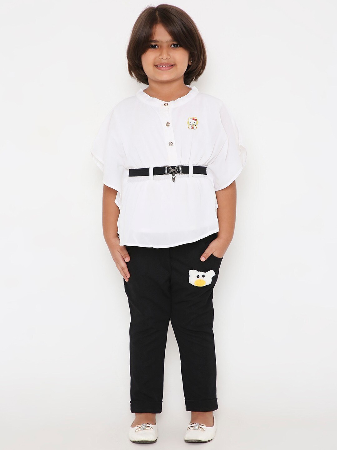 

POPLINS Girls White & Black Embellished Pure Cotton Top with Trousers