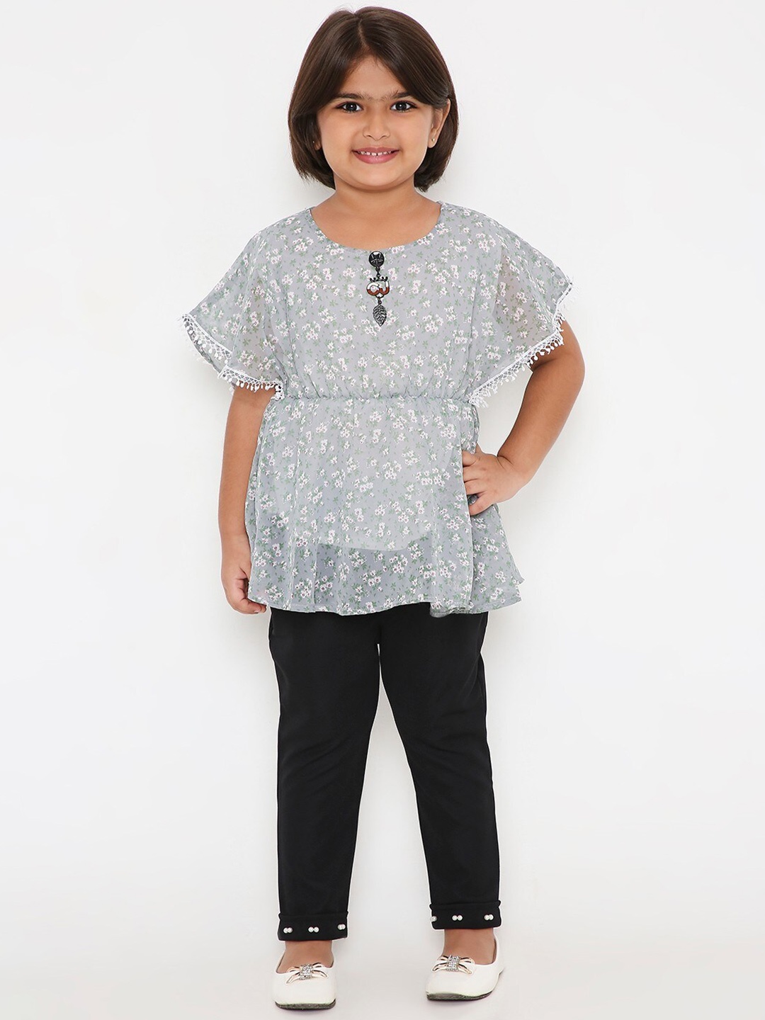 

POPLINS Girls Grey & Black Pure Cotton Top with Trousers