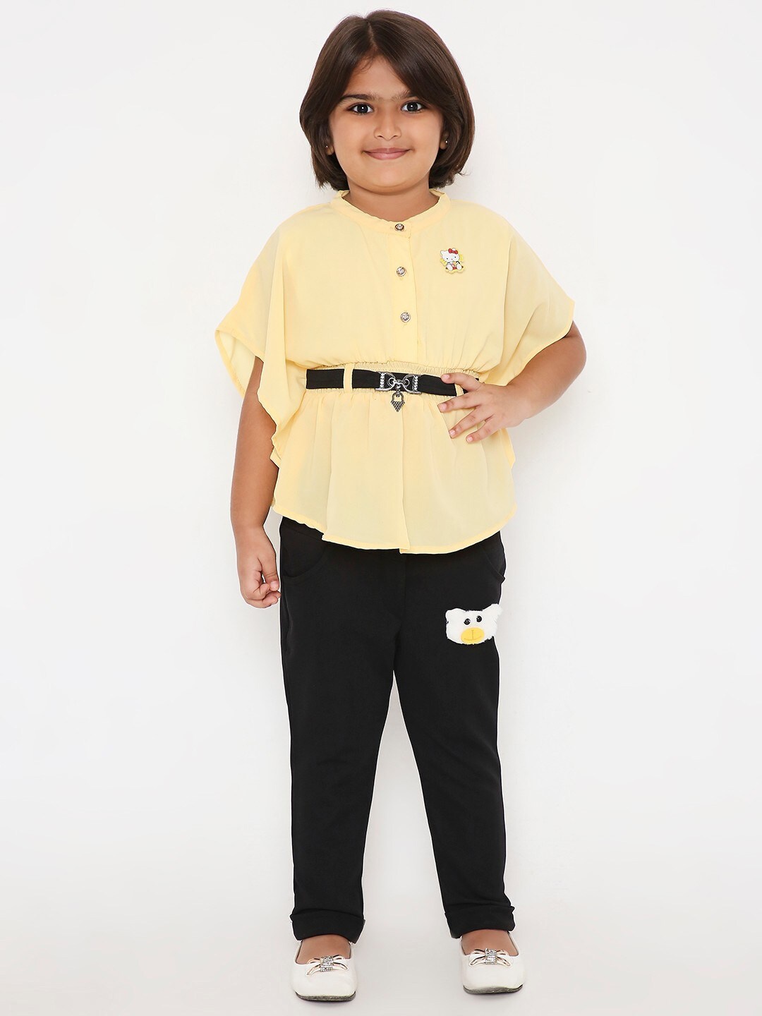 

POPLINS Girls Yellow & Black Pure Cotton Embellished Top with Trouser