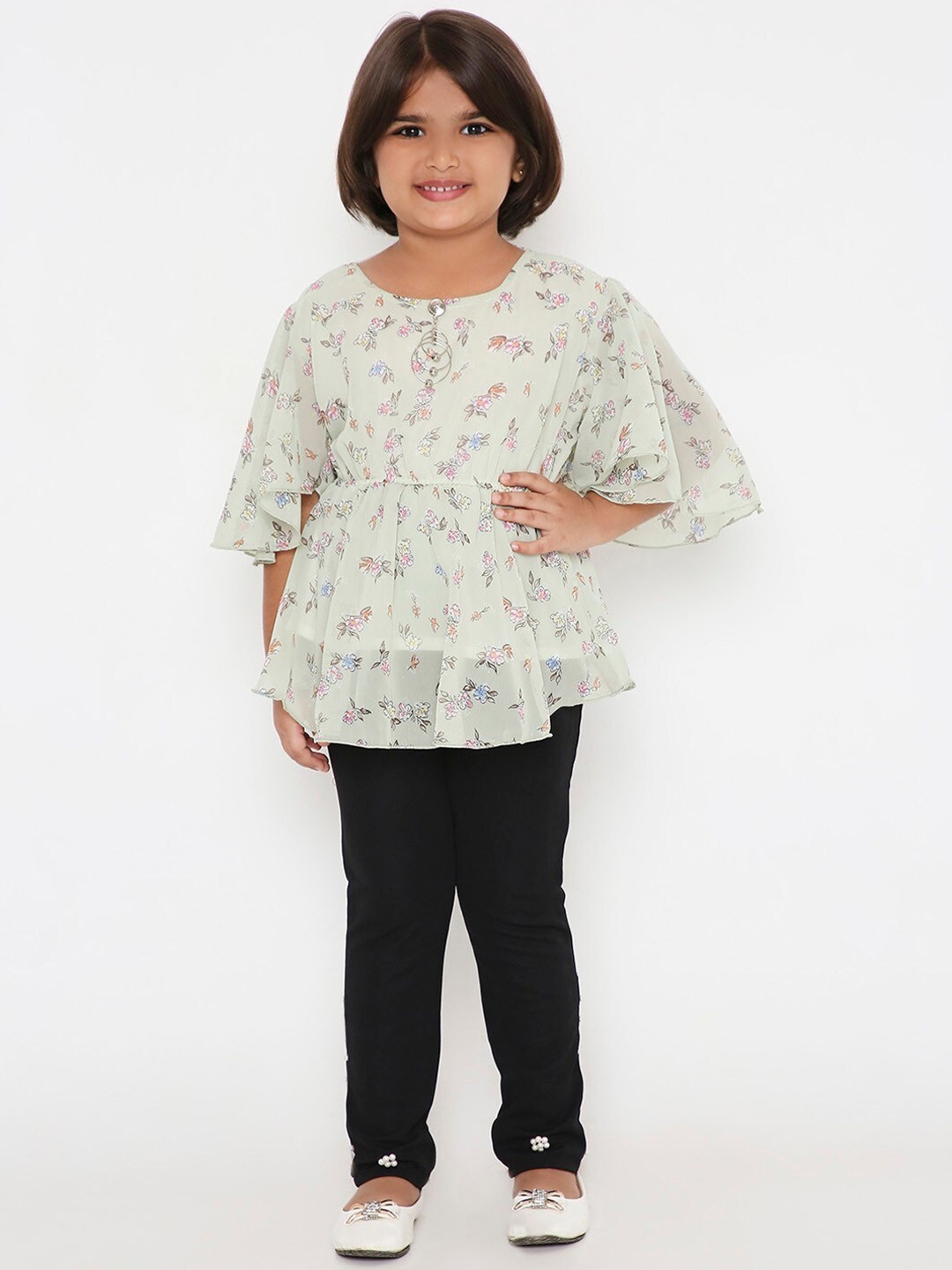 

POPLINS Girls Green & Black Printed Pure Cotton Top with Leggings
