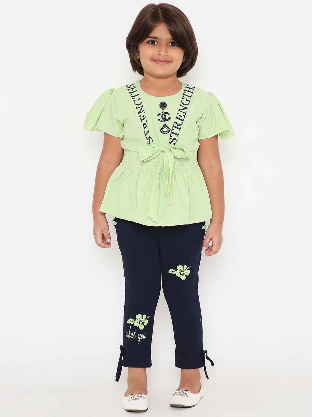 

POPLINS Girls Green & Blue Printed Pure Cotton Top with Capris
