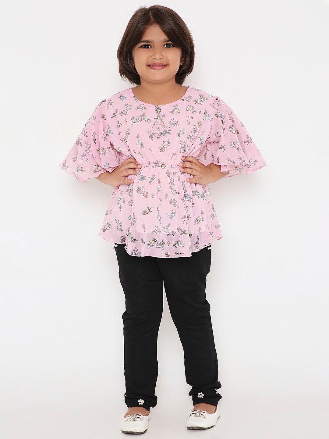 

POPLINS Girls Pink & Black Printed Pure Cotton Top with Leggings