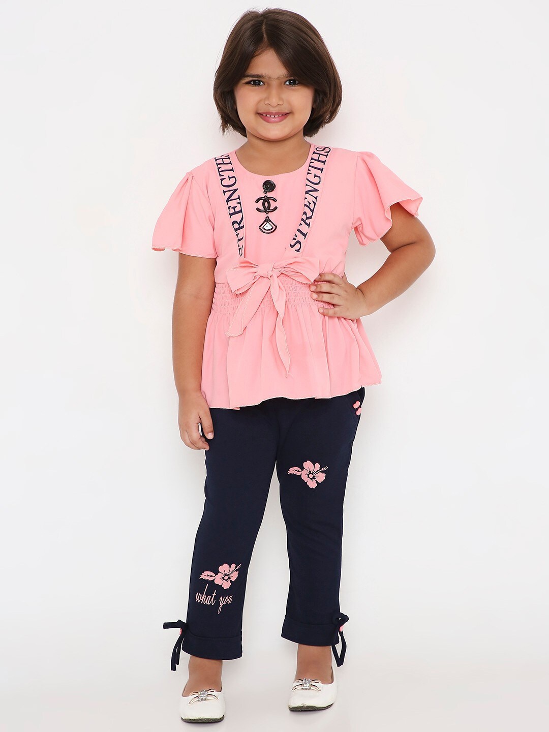 

POPLINS Girls Pink & Navy Blue Printed Top with Capris