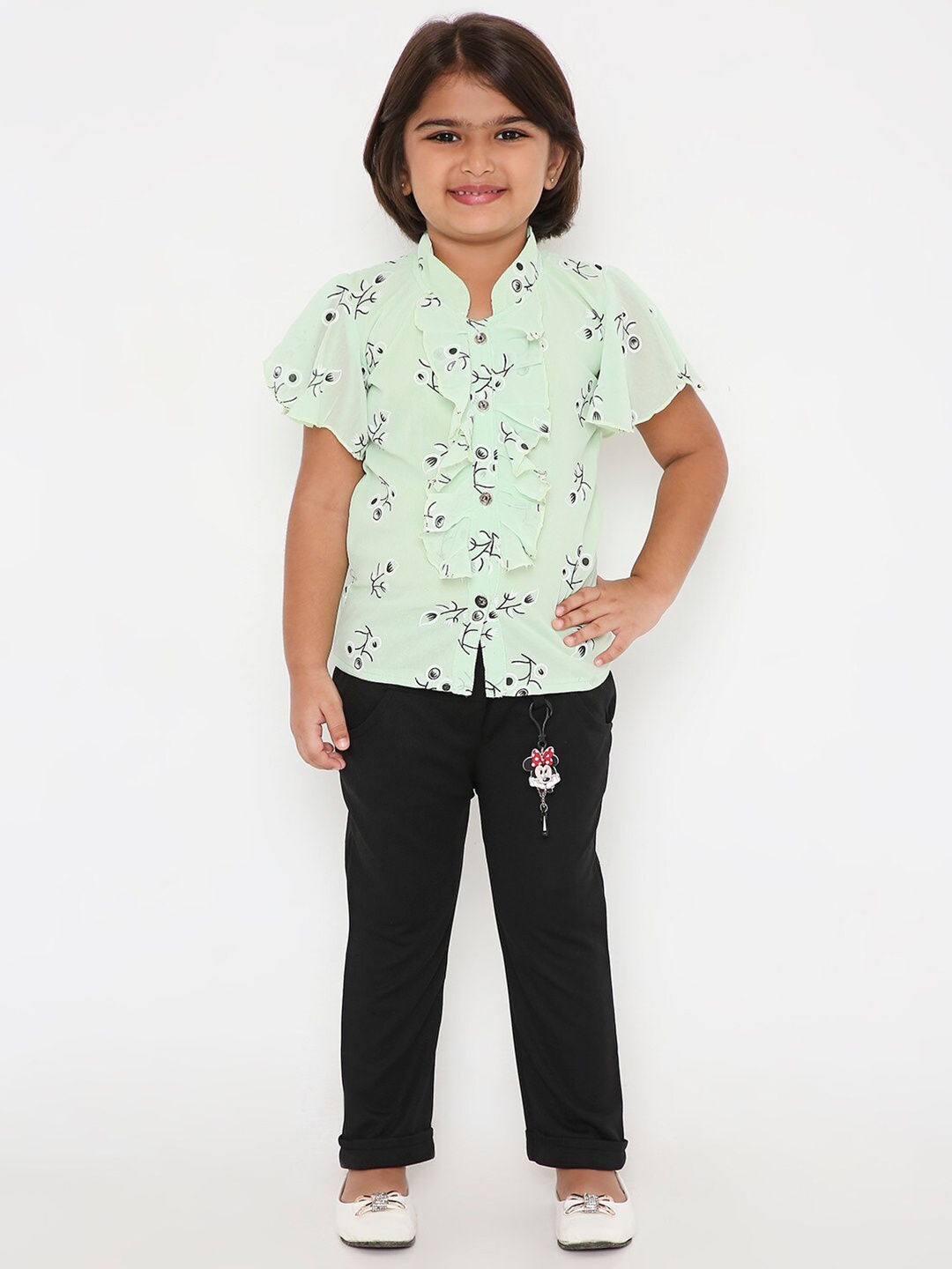 

POPLINS Girls Green & Black Printed Top with Capris