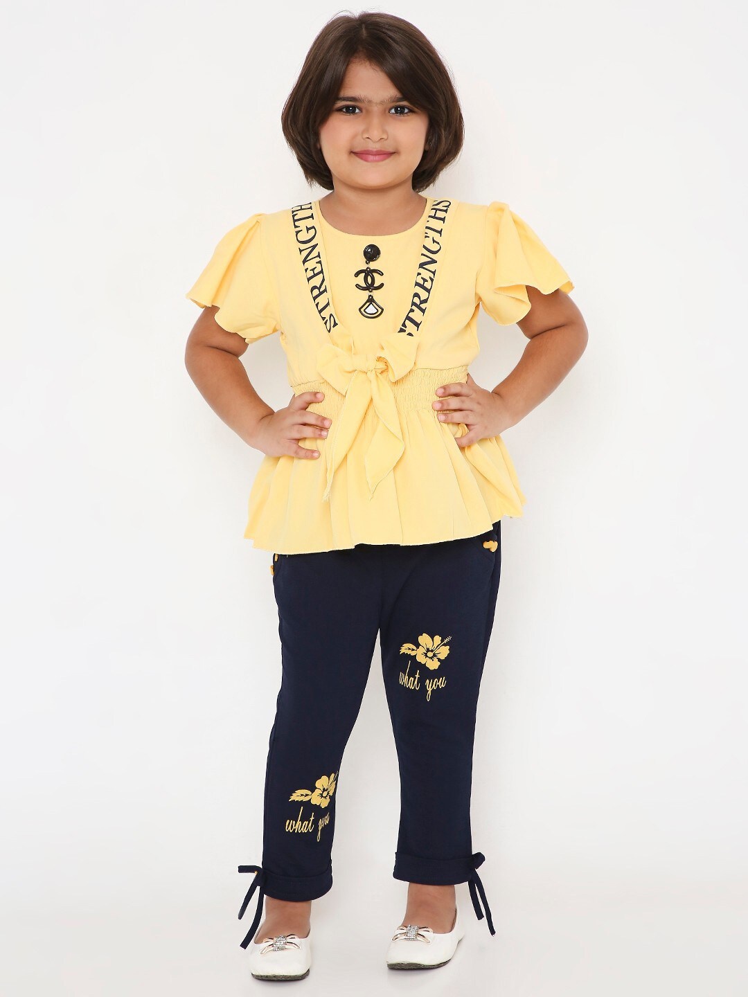 

POPLINS Girls Yellow & Navy Blue Printed Pure Cotton Top with Capri