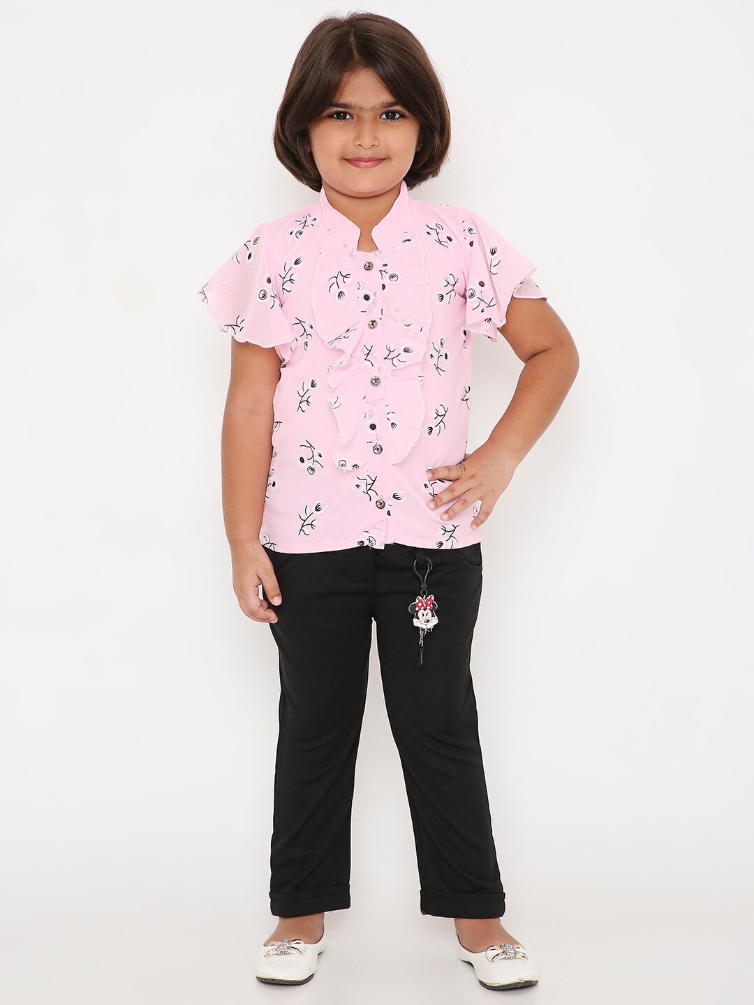 

POPLINS Girls Pink & Black Printed Cotton Top with Capri