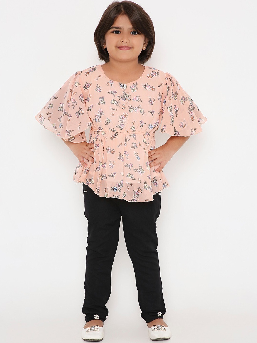 

POPLINS Girls Peach-Coloured & Black Pure Cotton Printed Top with Trousers