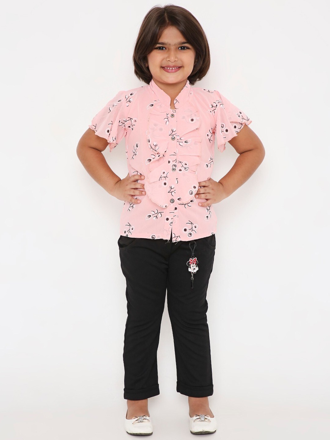

POPLINS Girls Peach And Black Floral Printed Frill Detail Pure Cotton Top With Capri