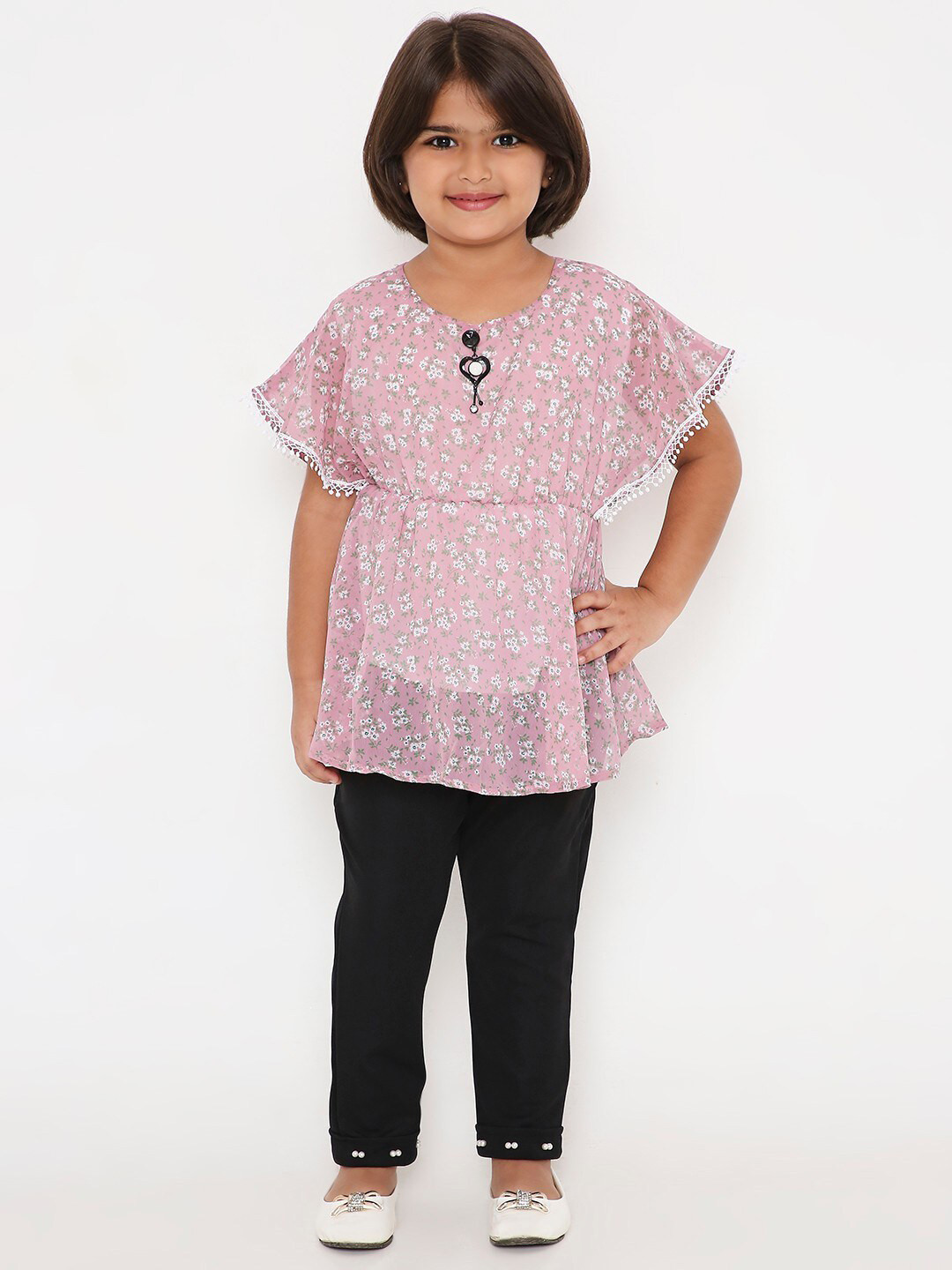 

POPLINS Girls Pink & Black Printed Pure Cotton Top with Trousers