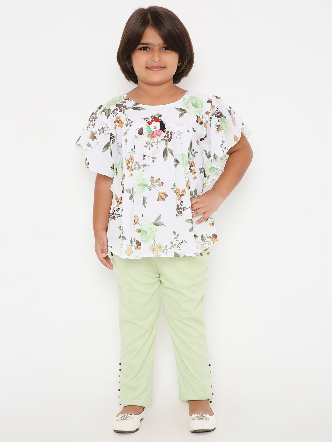

POPLINS Girls White & Green Printed Top with Trousers