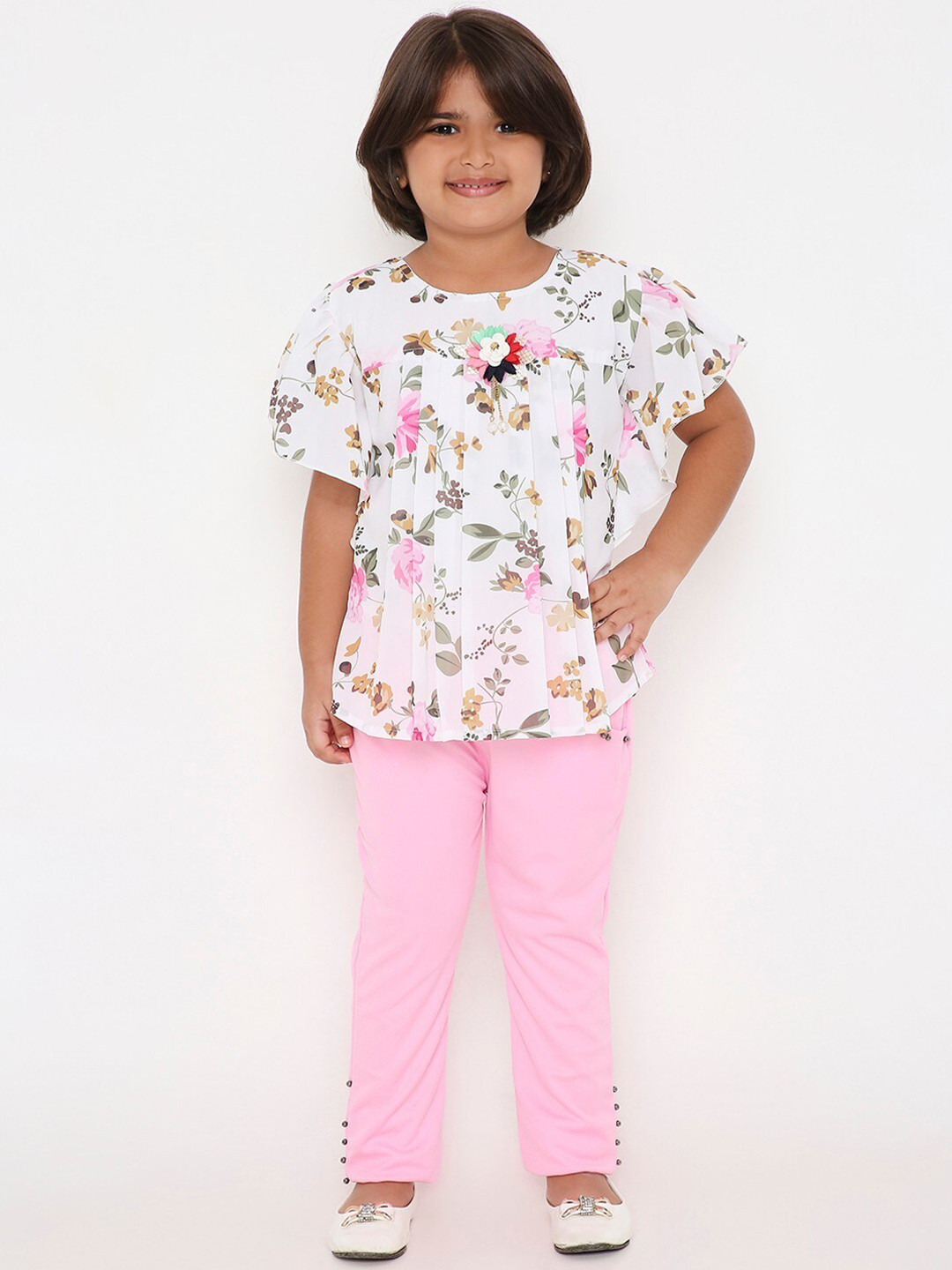 

POPLINS Girls White & Pink Floral Printed Pure Cotton Top with Capris