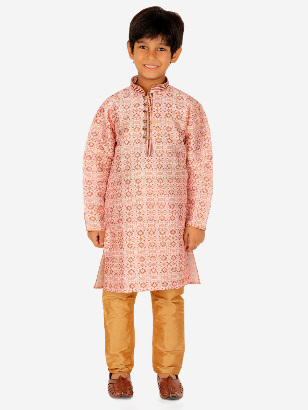 

Pro-Ethic STYLE DEVELOPER Boys Pink Floral Printed Pure Silk Kurta with Pyjamas
