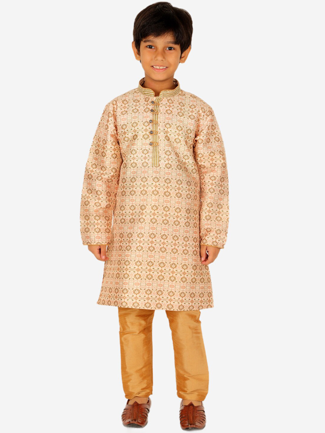 

Pro-Ethic STYLE DEVELOPER Boys Brown Floral Printed Pure Silk Kurta with Pyjamas