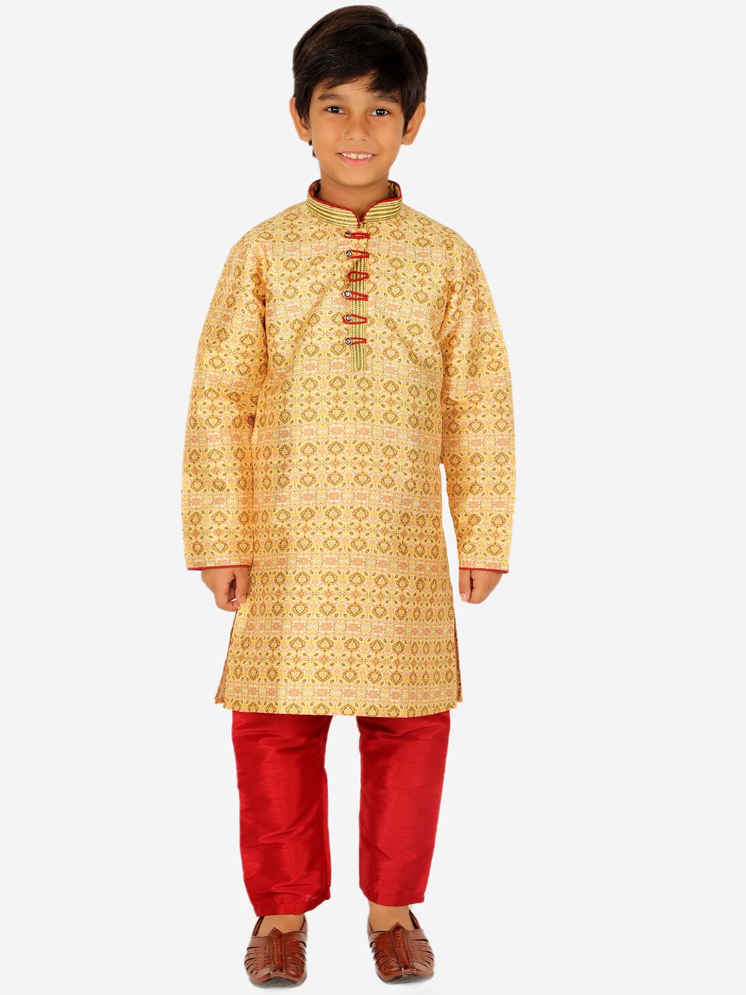 

Pro-Ethic STYLE DEVELOPER Boys Gold Floral Printed Pure Silk Kurta with Pyjamas