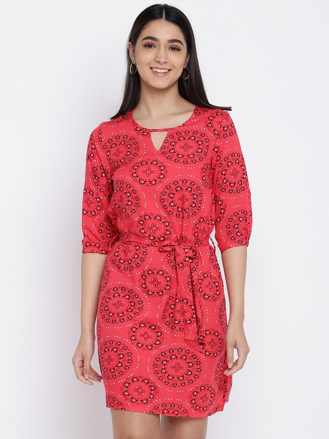 

abof Red & Navy Blue Ethnic Motifs Keyhole Neck Dress