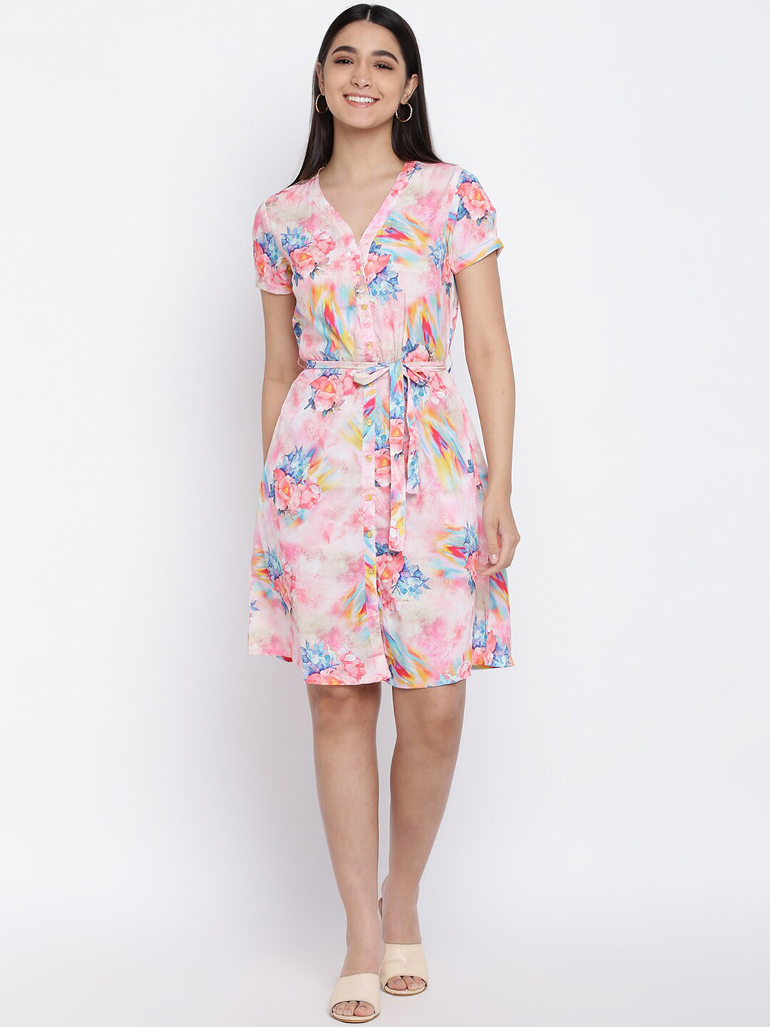 

abof Pink & Blue Floral Print Shirt Dress