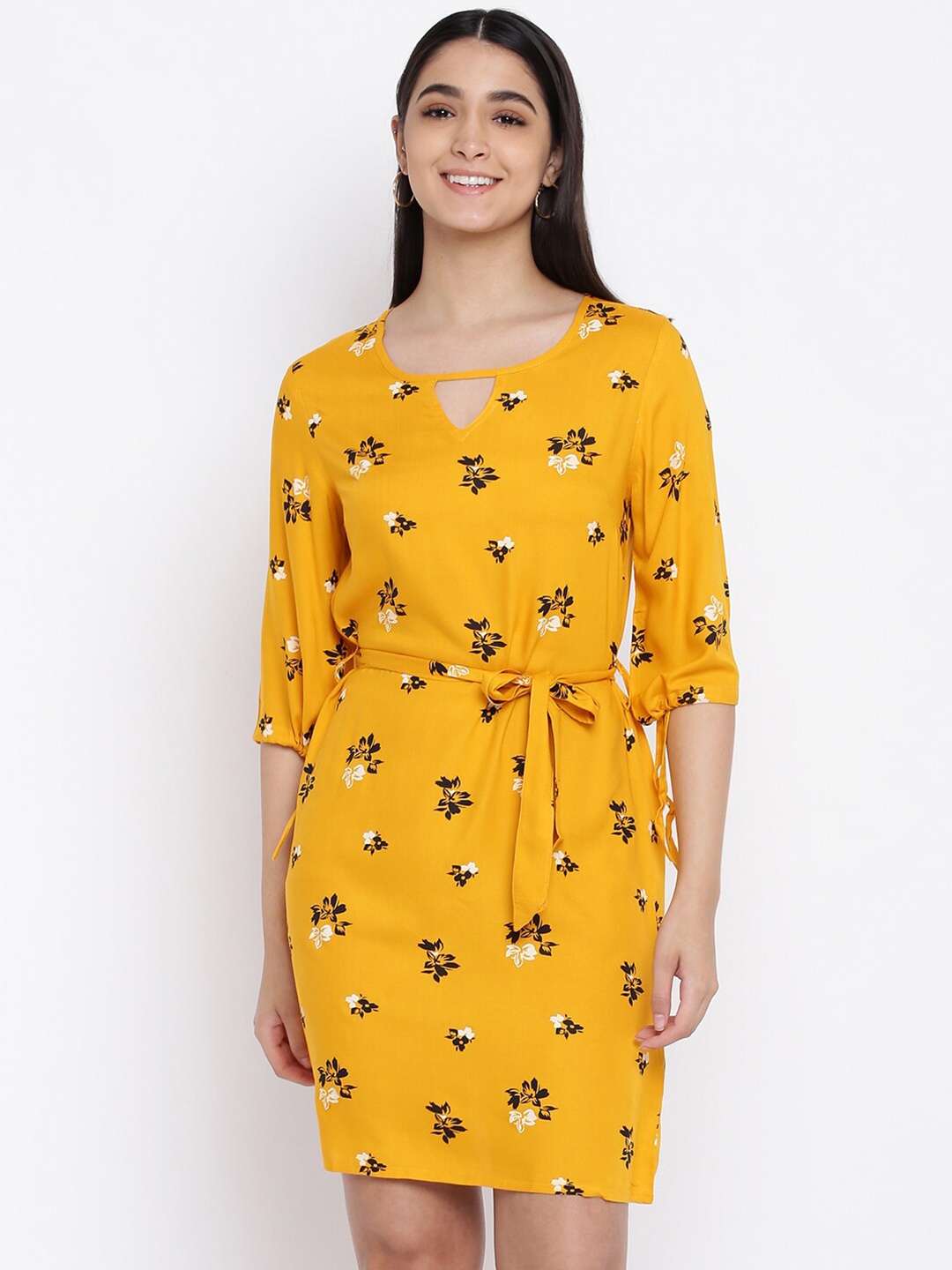 

abof Mustard Women Yellow Floral Printed Keyhole Neck Sheath Dress
