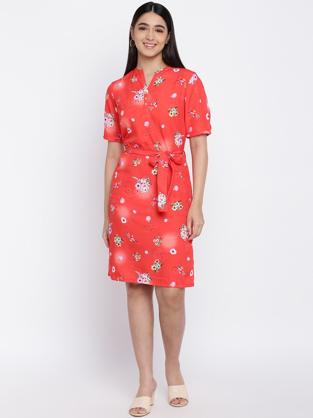 

abof Red Floral Printed A-Line Mandarin Collar Dress
