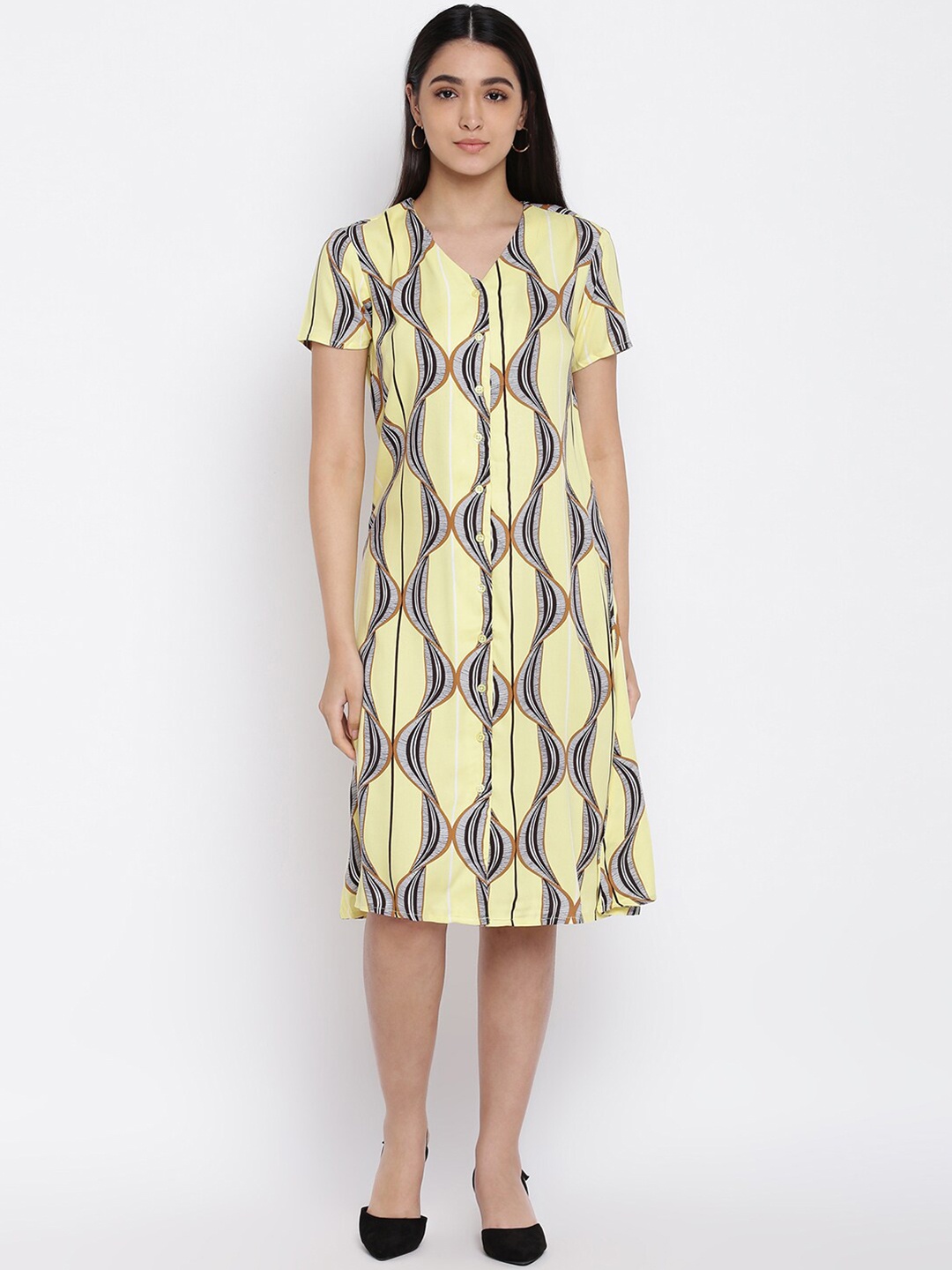 

abof Women Printed A-Line Dress, Yellow