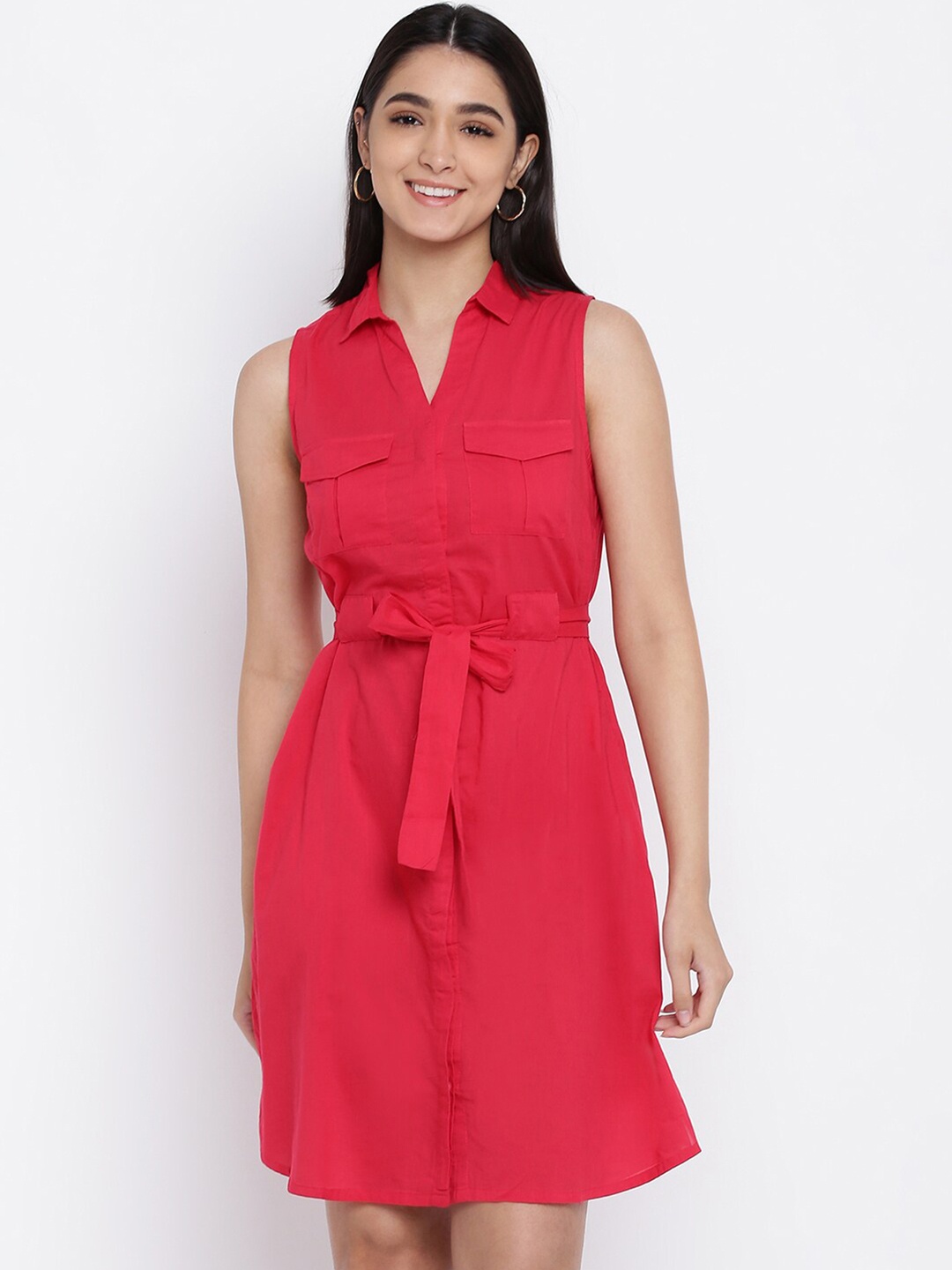 

abof Women Red Solid Shirt Dress