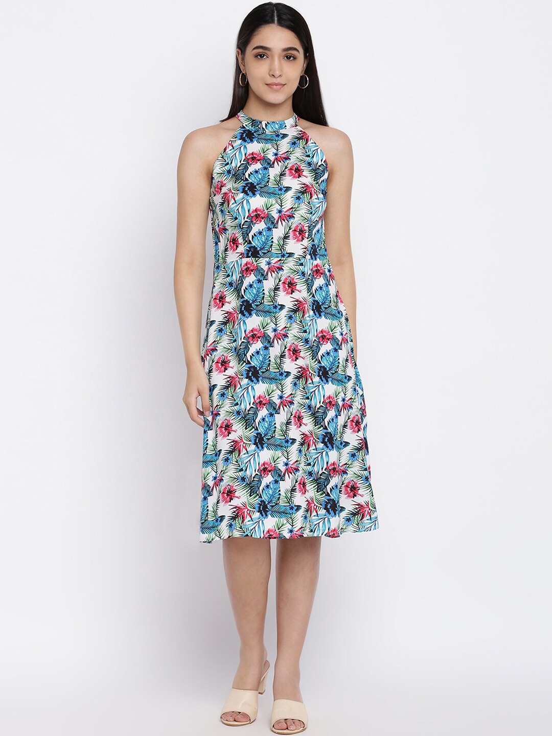 

abof White & Blue Floral Halter Neck A-Line Dress