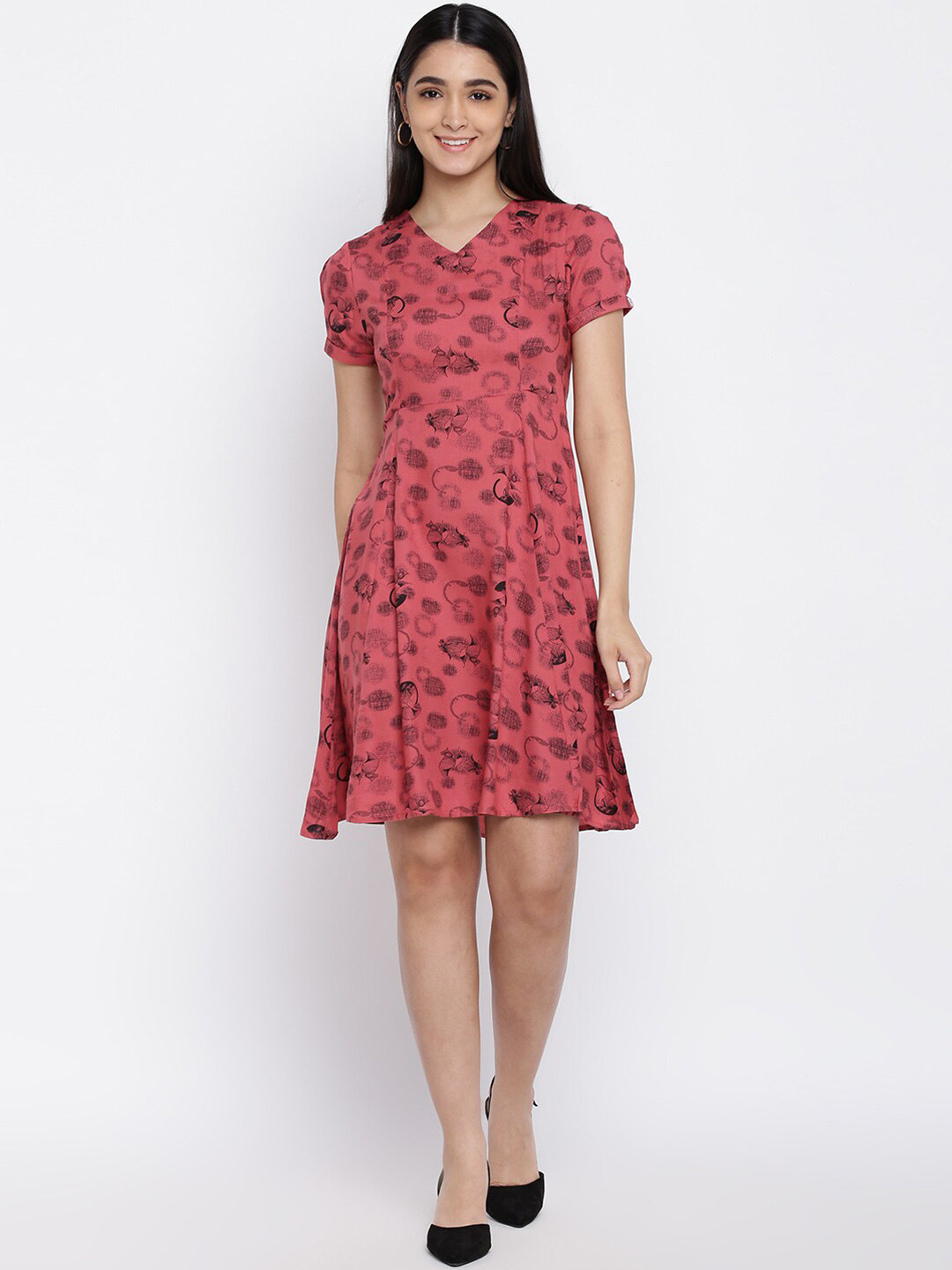 

abof Magenta & Black Floral Print A-Line Dress