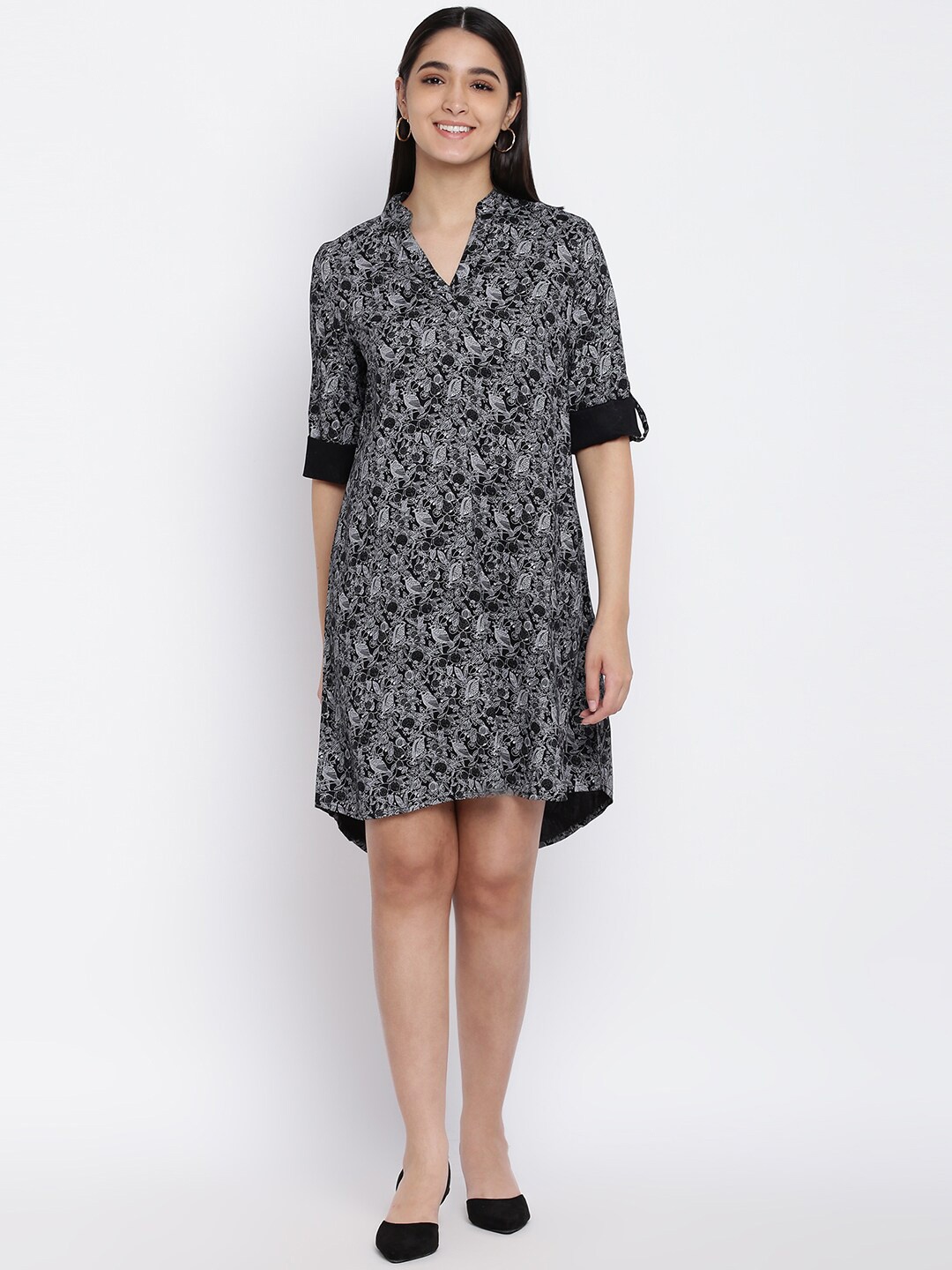 

abof Black & White Floral Printed Shirt Dress