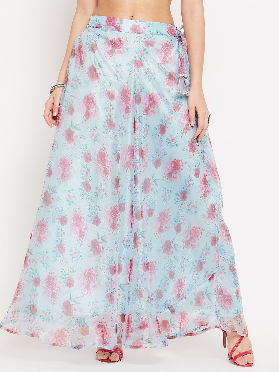 Clora Creation Sky Blue Floral Printed Organza Skirt