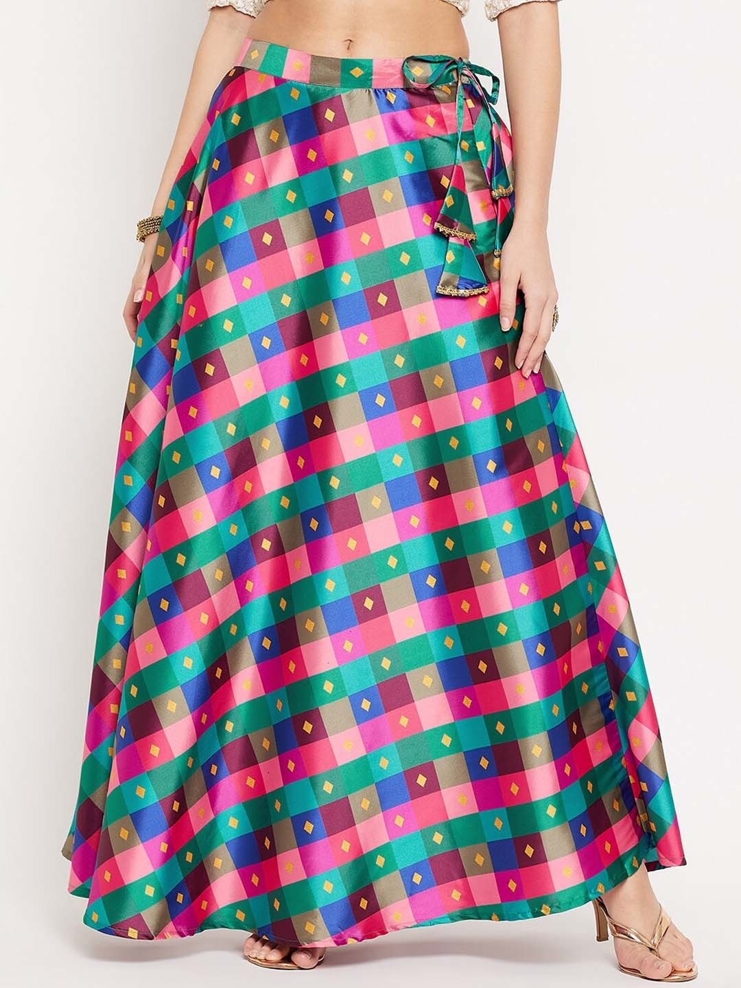 Clora Creation Sea Green & Pink Checked Flared Maxi Skirt