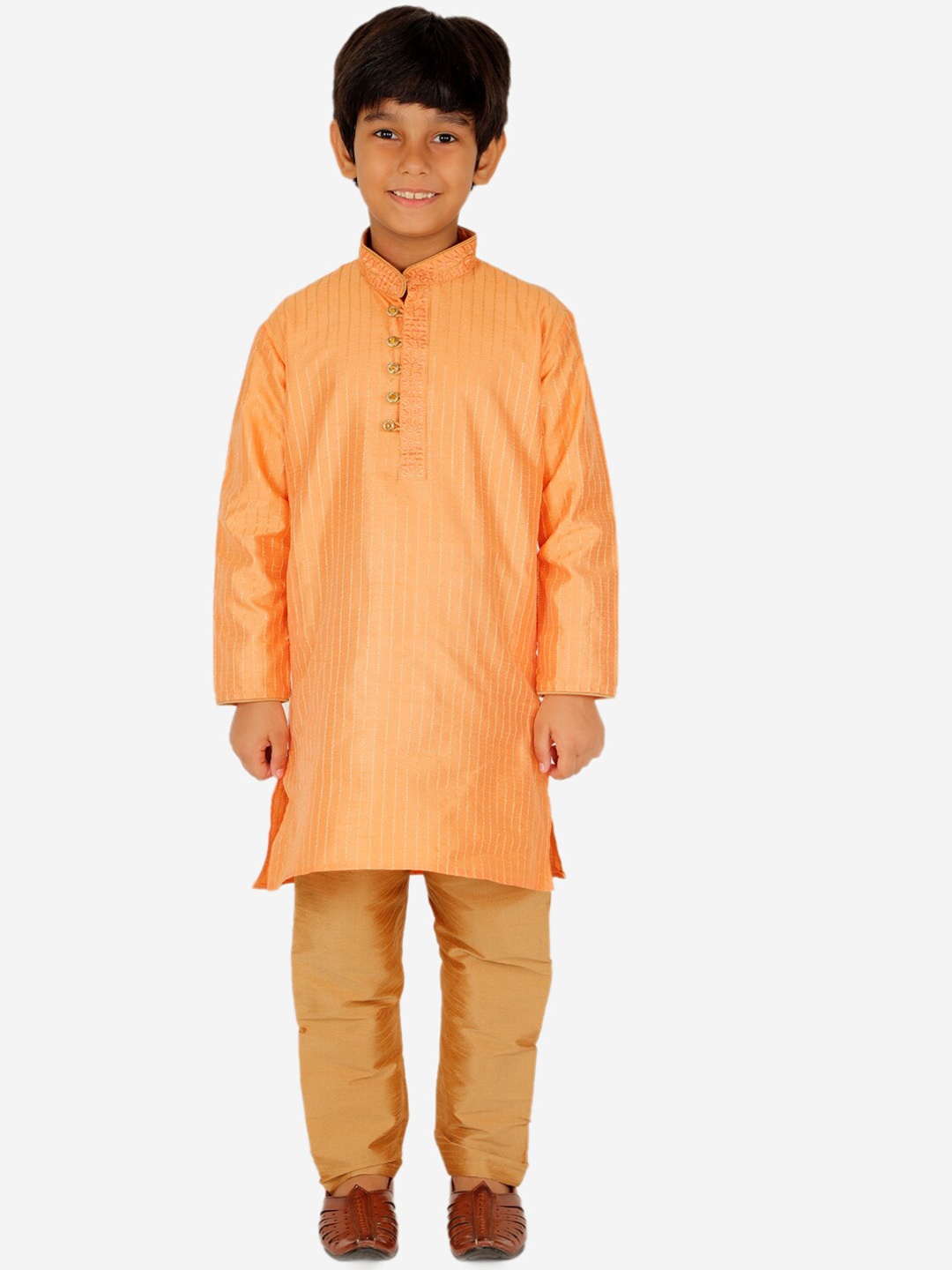 

Pro-Ethic STYLE DEVELOPER Boys Orange Striped Pure Silk Kurta with Pyjamas