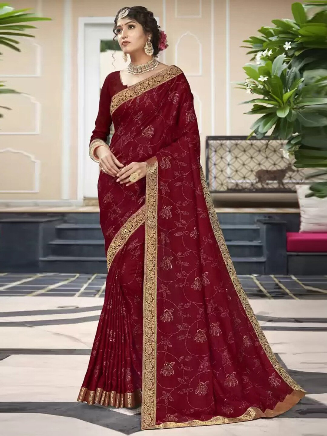 

Satrani Maroon & Gold-Toned Ethnic Motifs Zari Saree