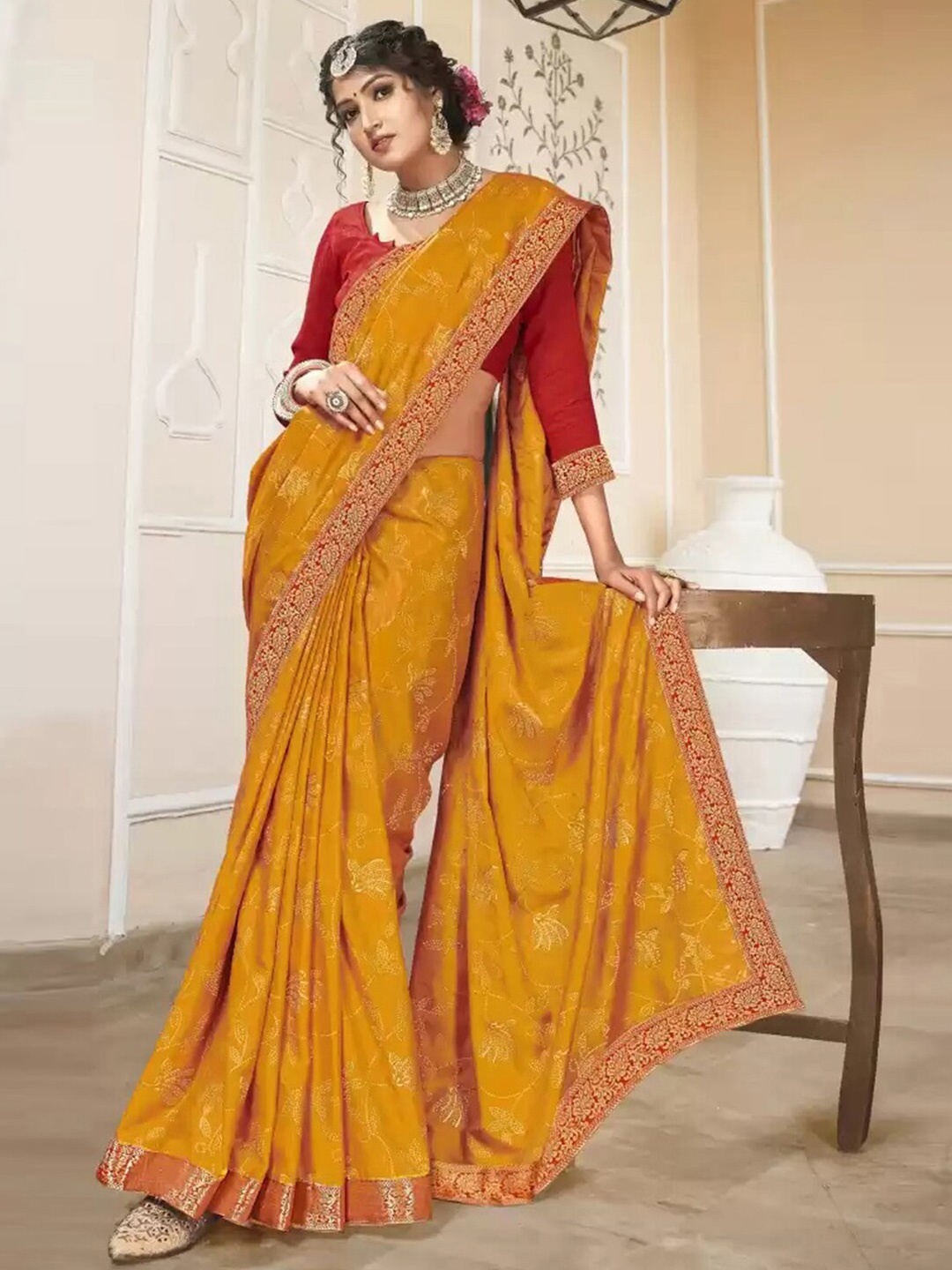 

Satrani Yellow & Gold-Toned Ethnic Motifs Mukaish Saree