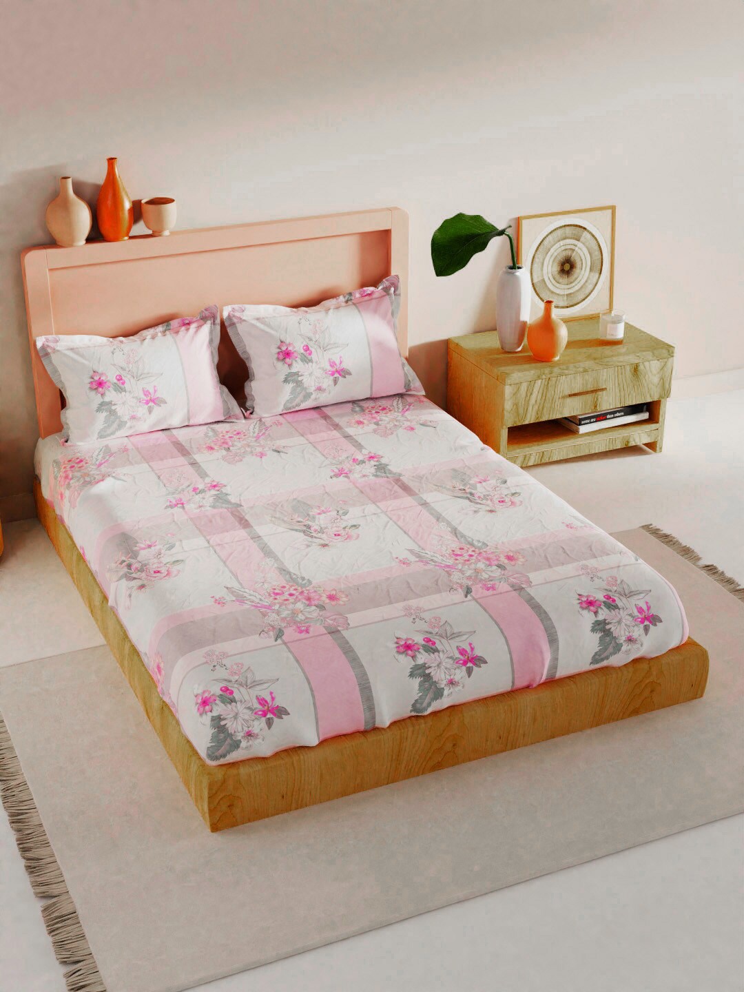 

BIANCA Floral 180 TC King Bedsheet with 2 Pillow Covers, White