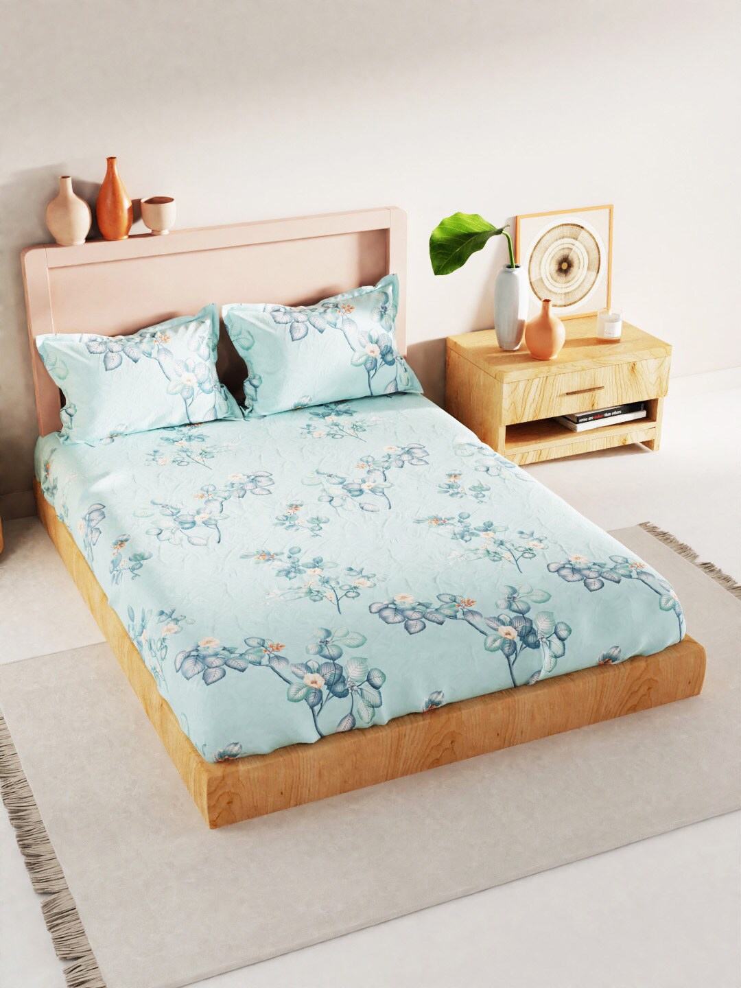 

BIANCA Floral 180 TC King Bedsheet with 2 Pillow Covers, Blue