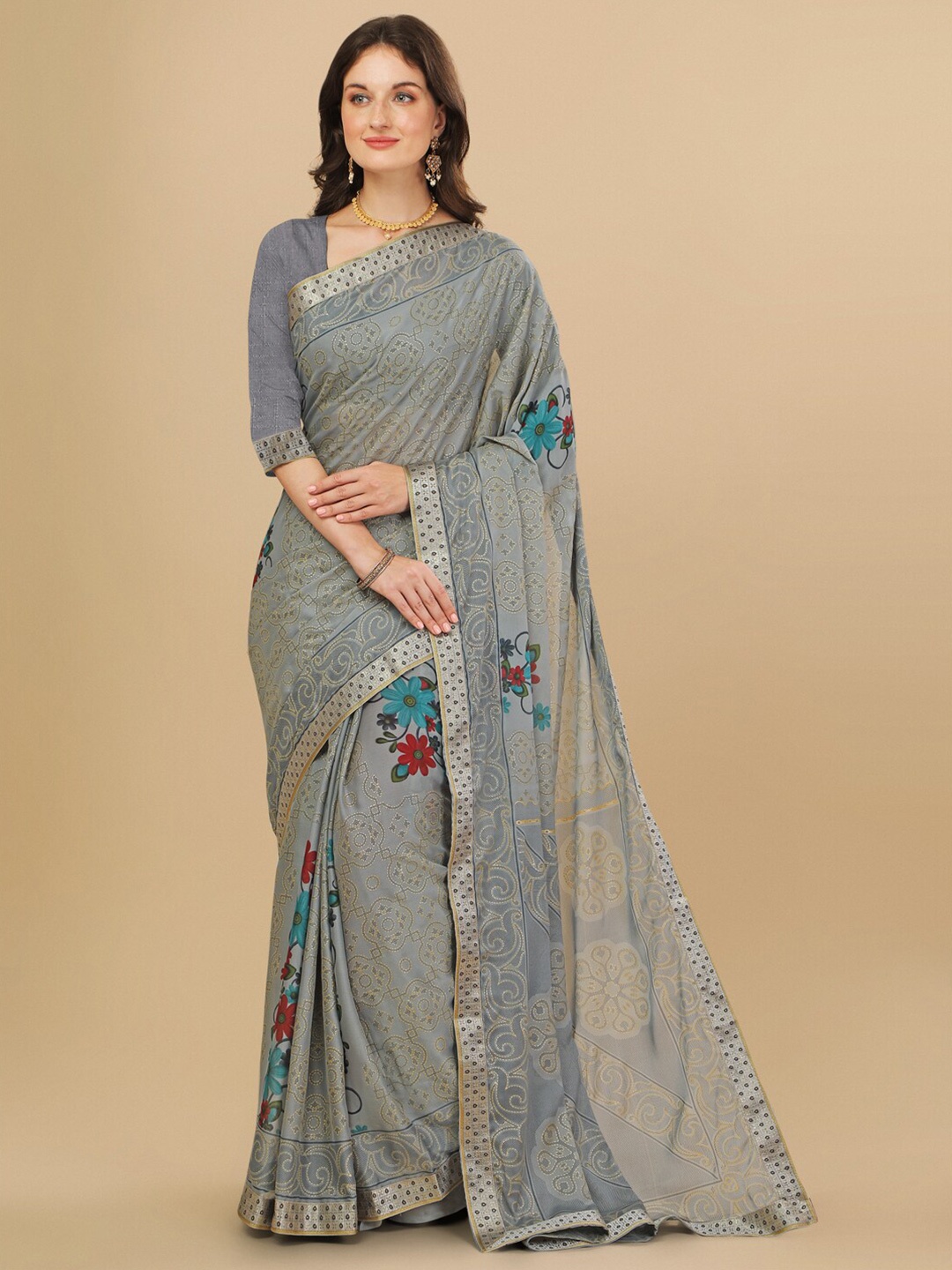 

Sangria Grey & Gold-Toned Floral Pure Chiffon Saree