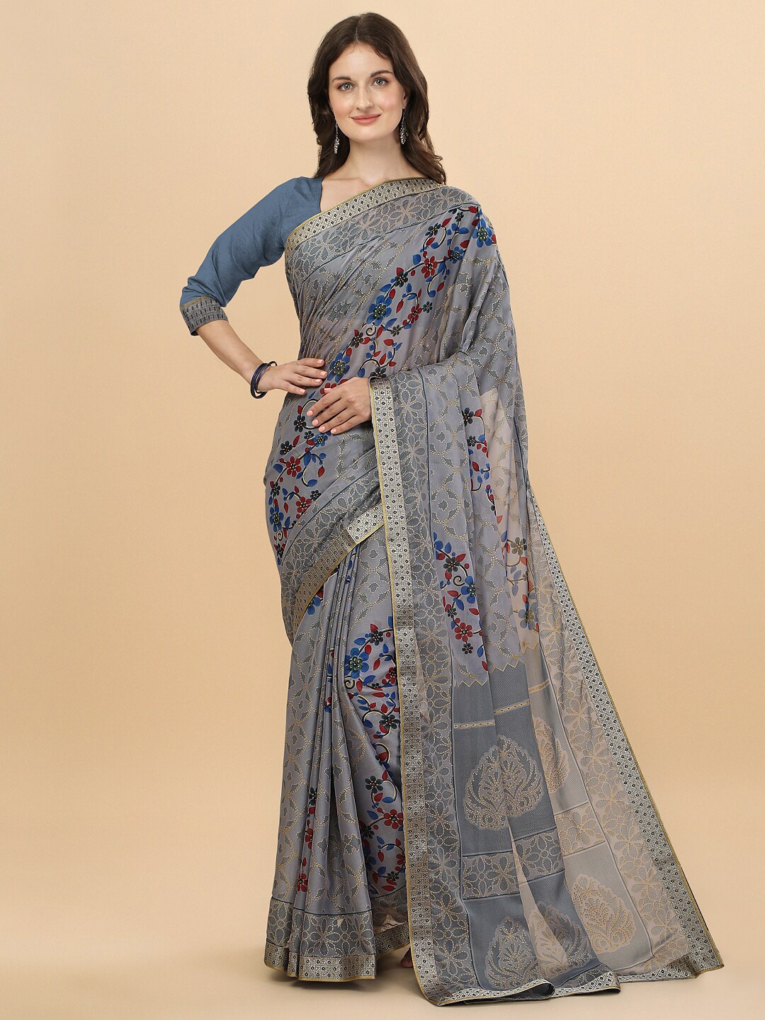 

Sangria Grey Melange And Gold Toned Floral Printed Pure Chiffon Saree