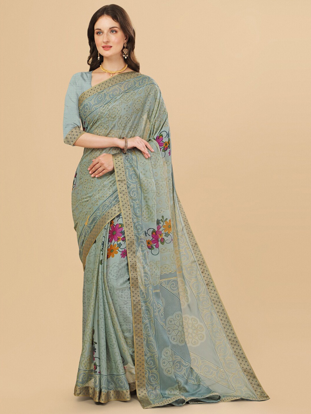 

Sangria Grey & Gold-Toned Floral Pure Chiffon Saree